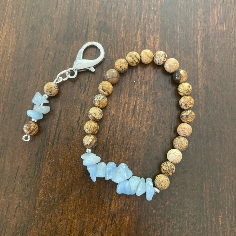 Handmade picture jasper and aquamarine bracelet and matching bridle charm